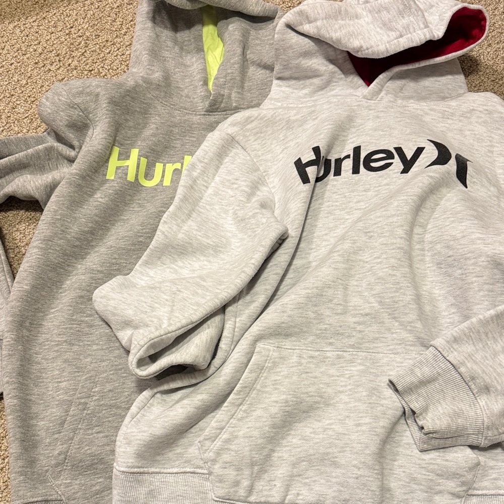 Hurley Heather Gray Zip-Up Hoodie with Neon Yellow Accent